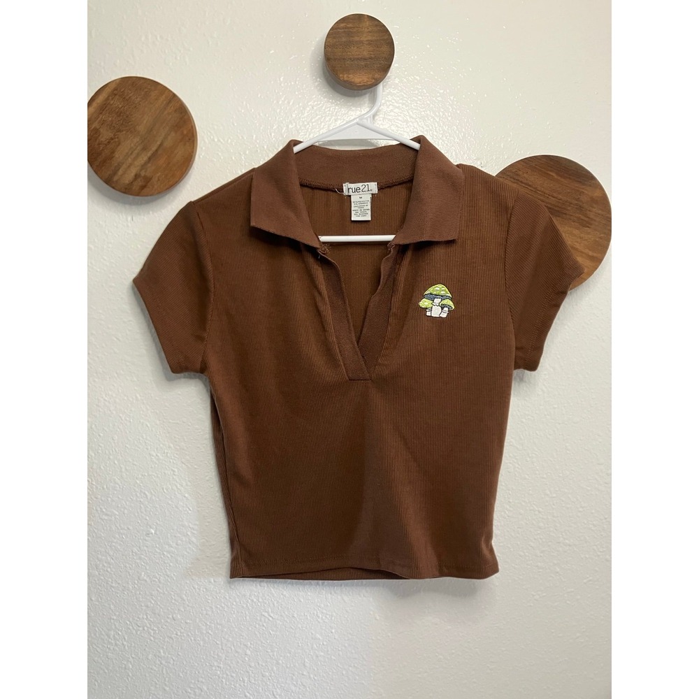 GoblinCore Embroidered Mushroom Print Soil Brown Size Medium Cropped Top
